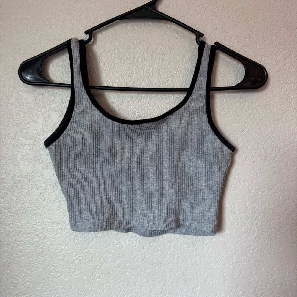 Gray Ribbed Tank Top with Black Trim